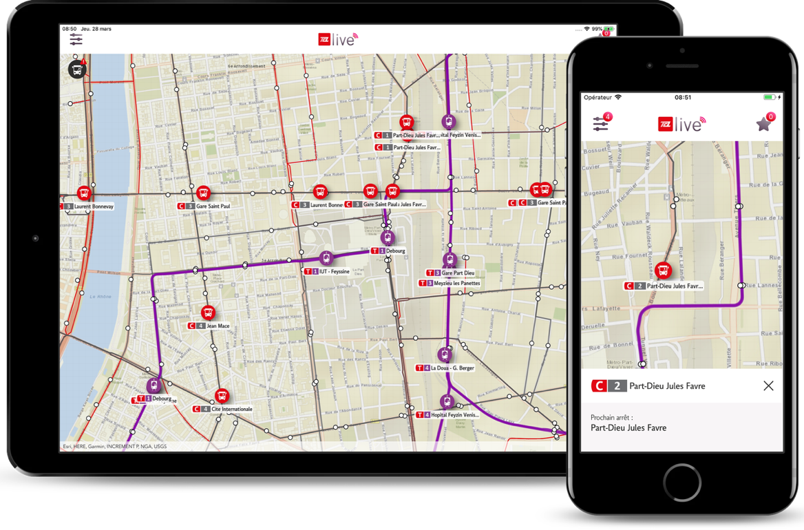 Image Apps TCL Live qui localise en temps réel les bus et les tram à Lyon 