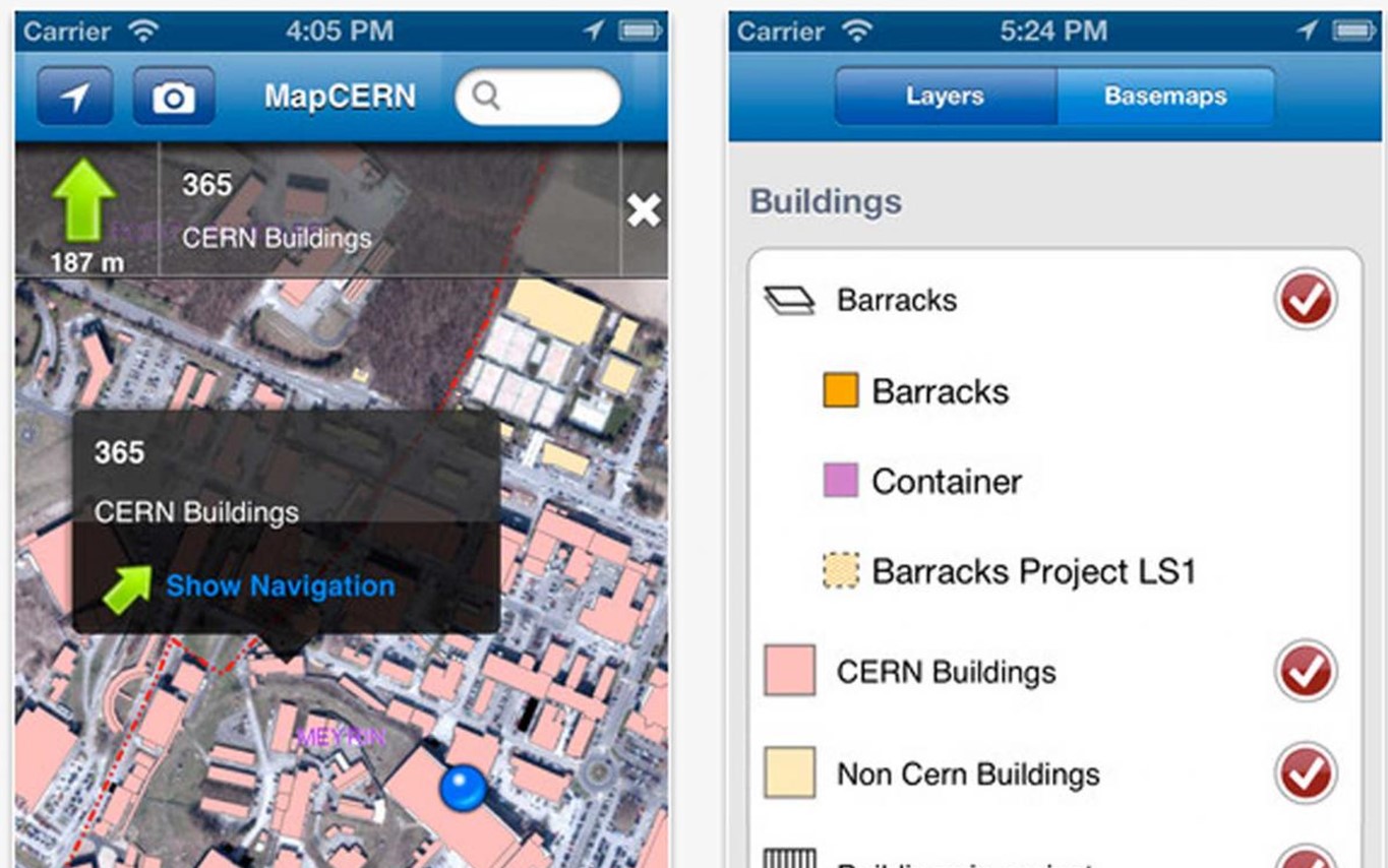 Image Apps « MapCERN mobile » qui montre toutes les facilities du campus du CERN
